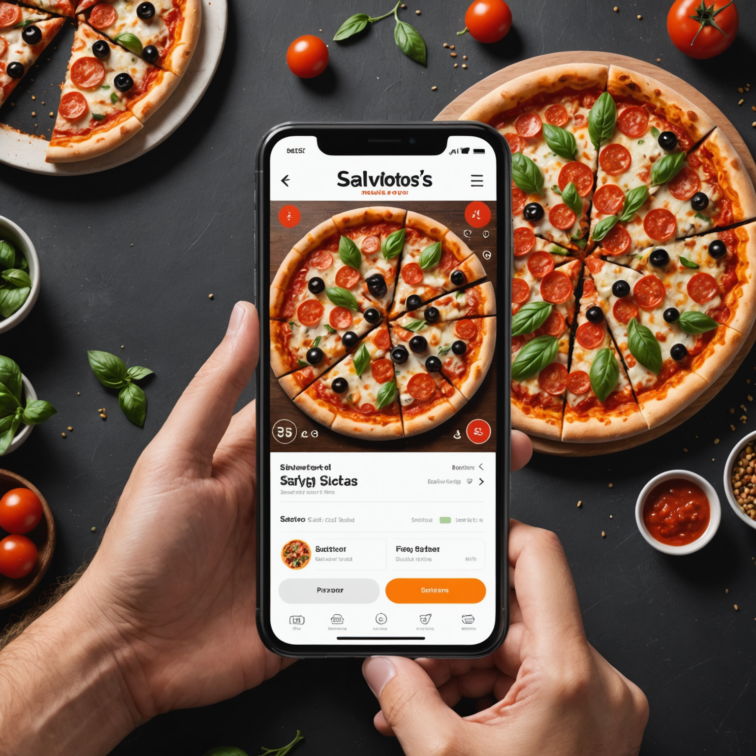 Smartphone displaying Salvatore's mobile app ordering interface with pizza customization options, toppings selection, and easy checkout process with saved payment methods