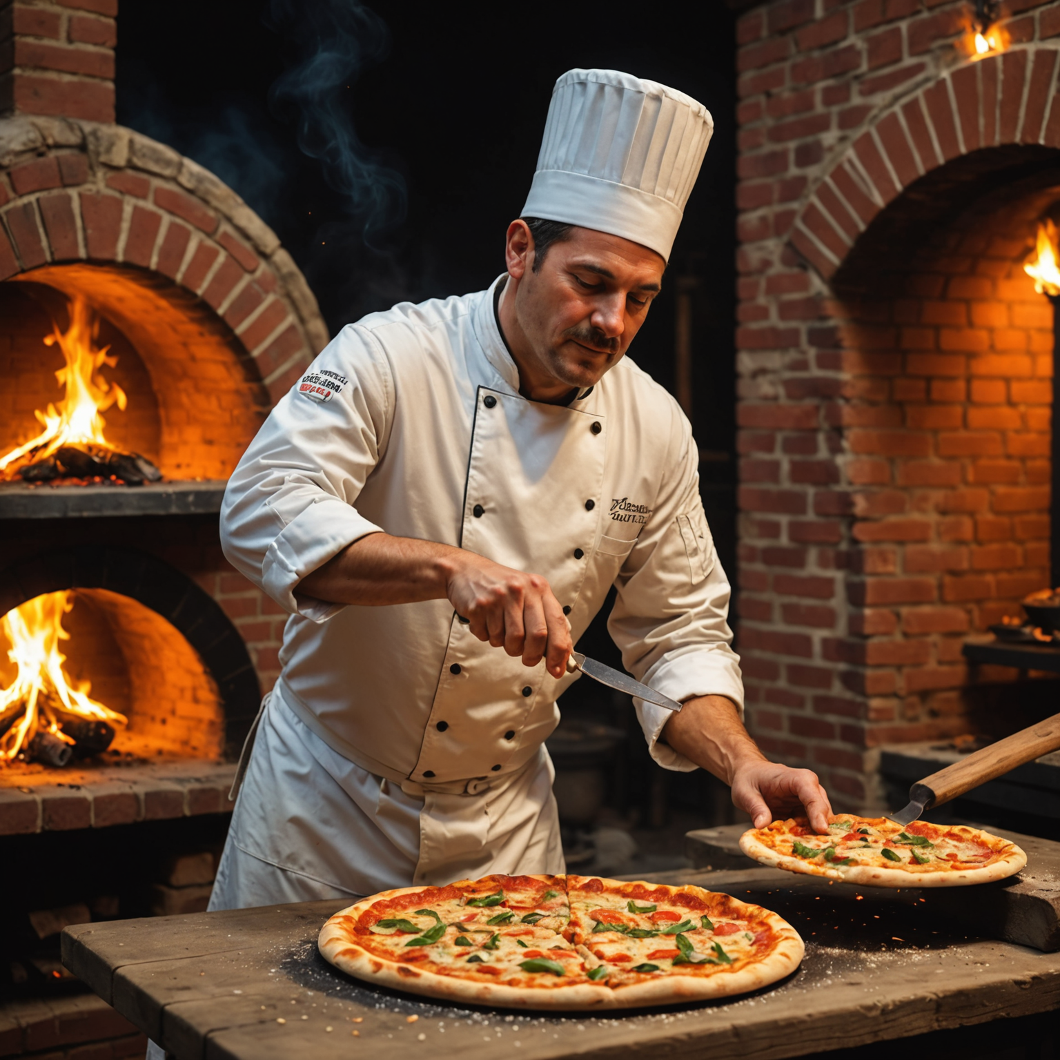 Chef using a long wooden peel to carefully place a freshly topped pizza into a traditional wood-fired brick oven with glowing embers and dancing flames visible in the background