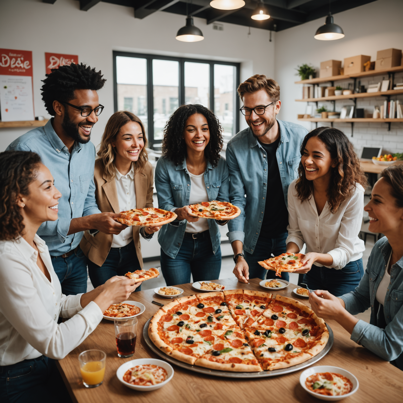 Diverse group of office employees celebrating success with Salvatore pizza party in modern break room, smiling and enjoying fresh pizza together in casual team building atmosphere