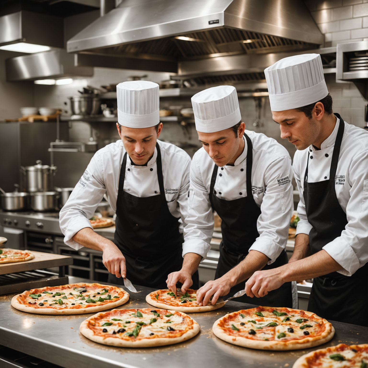 Kitchen team members in professional chef attire working together to prepare pizzas, collaborative atmosphere with modern equipment visible, focus on teamwork and quality