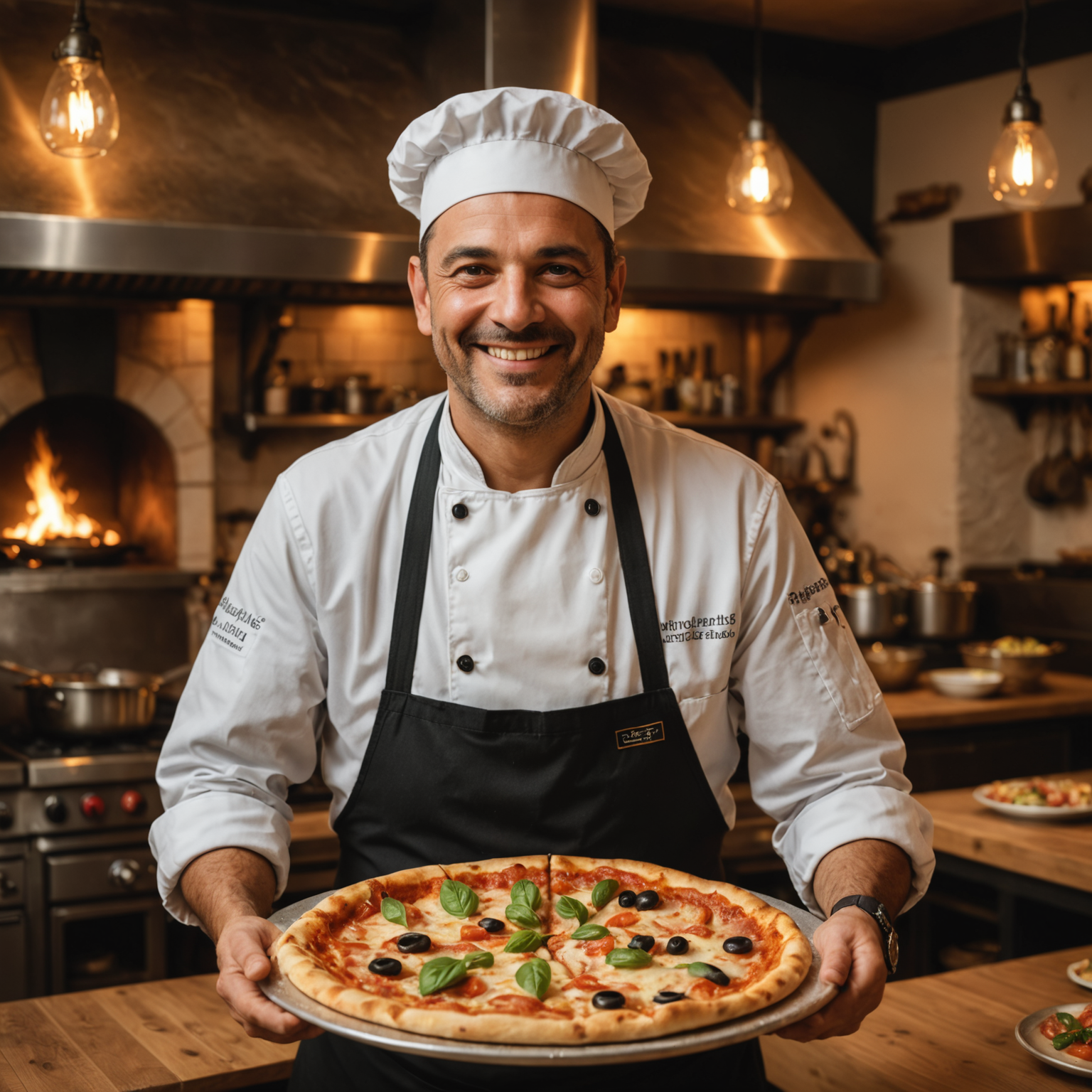 Portrait of Chef Marco Benedetti smiling warmly in Salvatore's kitchen, holding a freshly made pizza, warm lighting creating inviting atmosphere