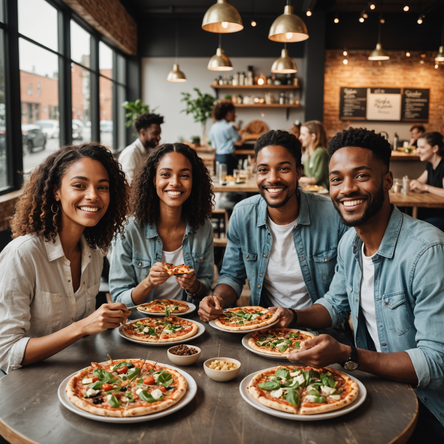 Diverse group of smiling customers enjoying plant-based pizzas at a modern restaurant table, with pizza boxes and fresh salads visible