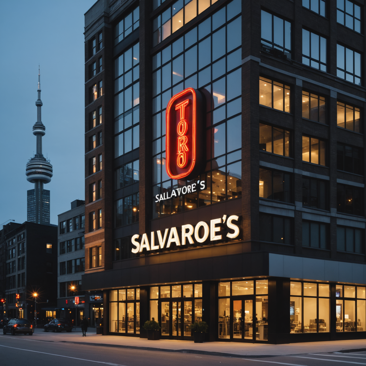 Exterior view of Salvatore's Toronto location featuring modern architecture with large windows, the illuminated Salvatore sign, and the Toronto city skyline visible in the background during evening hours