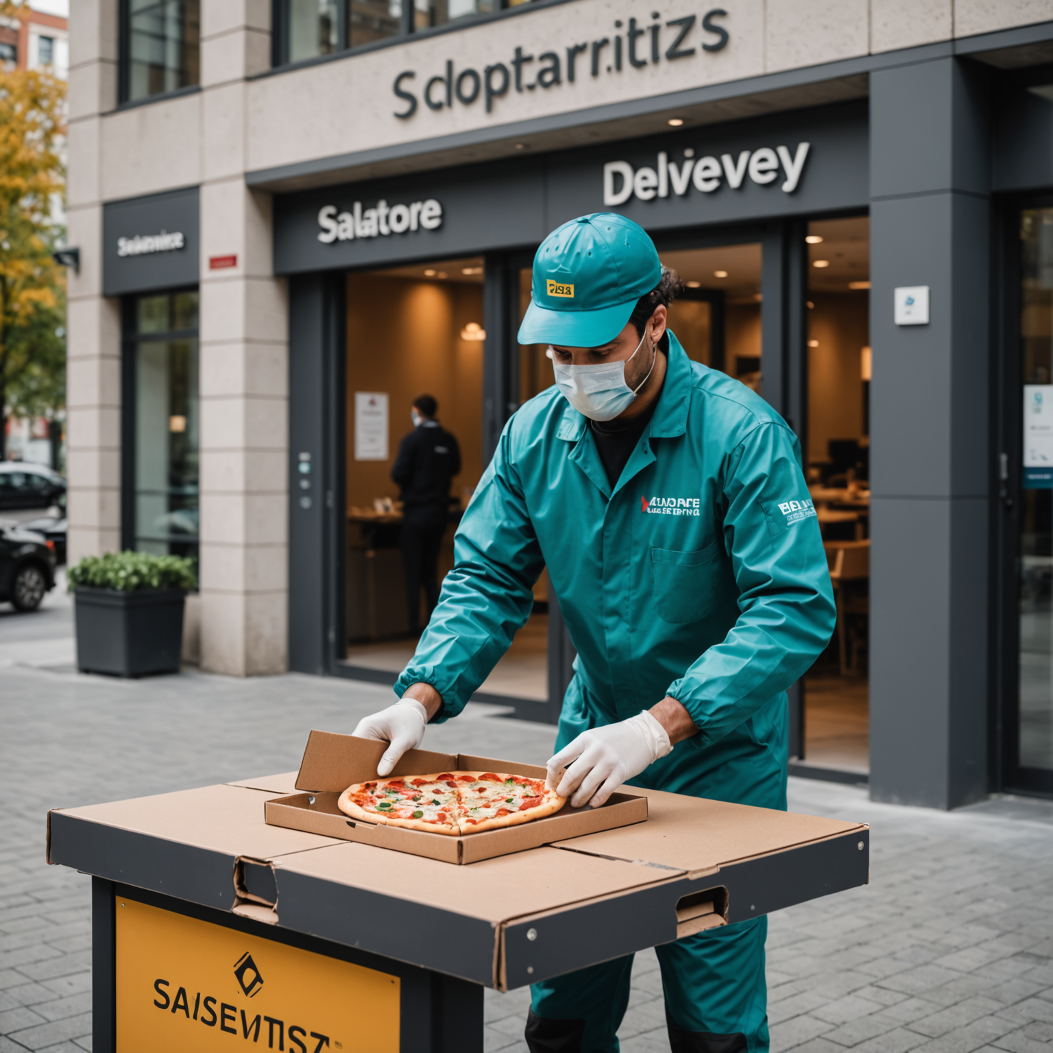 Salvatore delivery driver in protective equipment placing sealed pizza boxes on designated contactless delivery table at modern office building entrance with safety signage visible