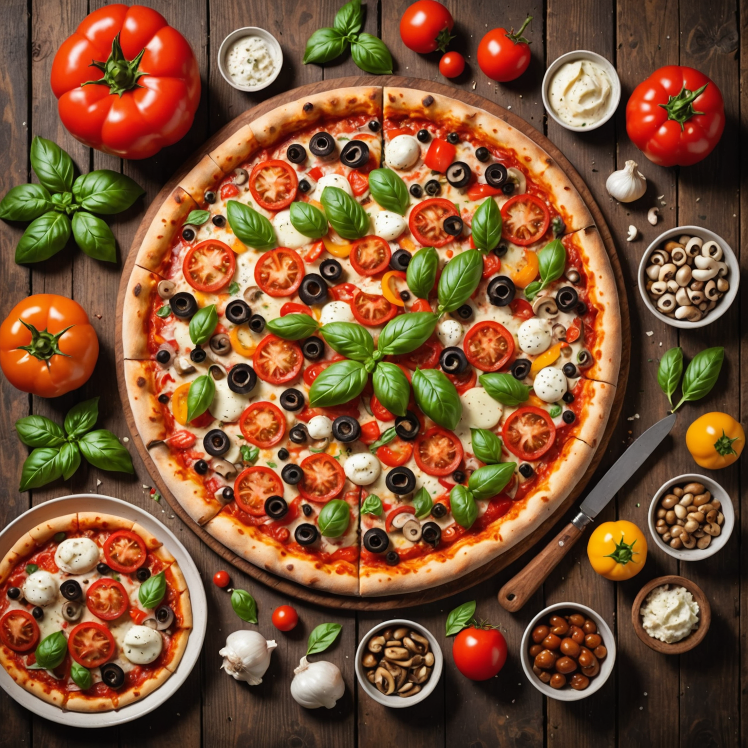 Abundant display of fresh pizza ingredients including ripe tomatoes, fresh basil leaves, mozzarella cheese, colorful bell peppers, mushrooms, and premium Italian meats arranged artistically on a rustic wooden surface