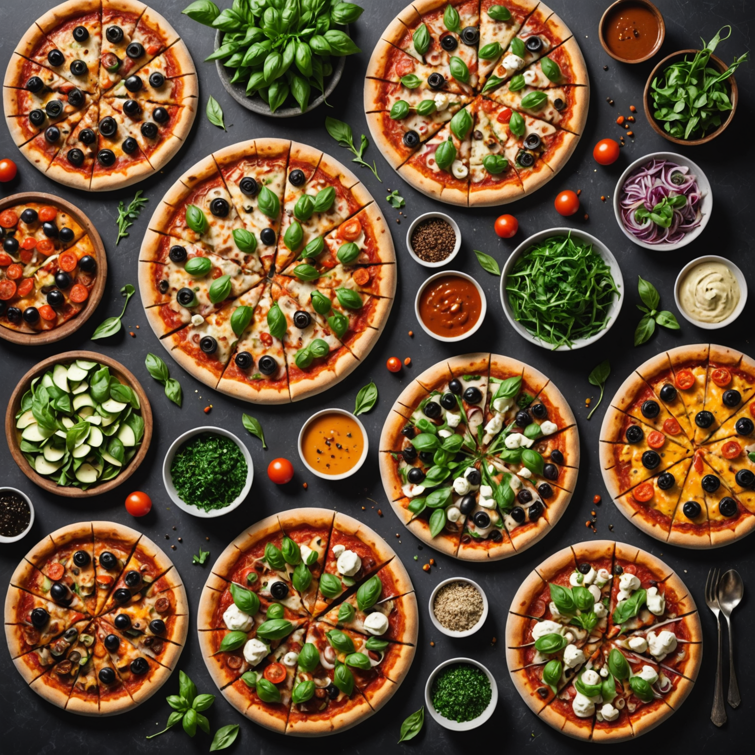 Beautifully arranged spread of all eight signature plant-based pizzas from Salvatore's new menu, photographed from above with fresh ingredients and garnishes