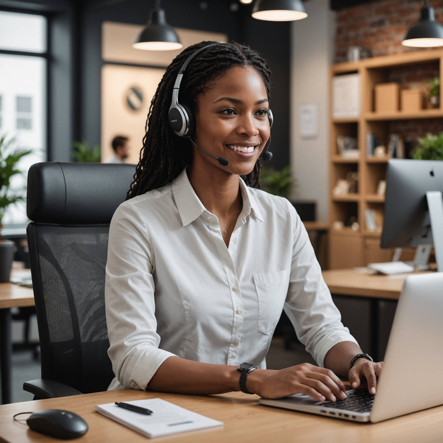 Customer service representative at computer helping with online order, with chat interface visible showing friendly assistance and quick response times