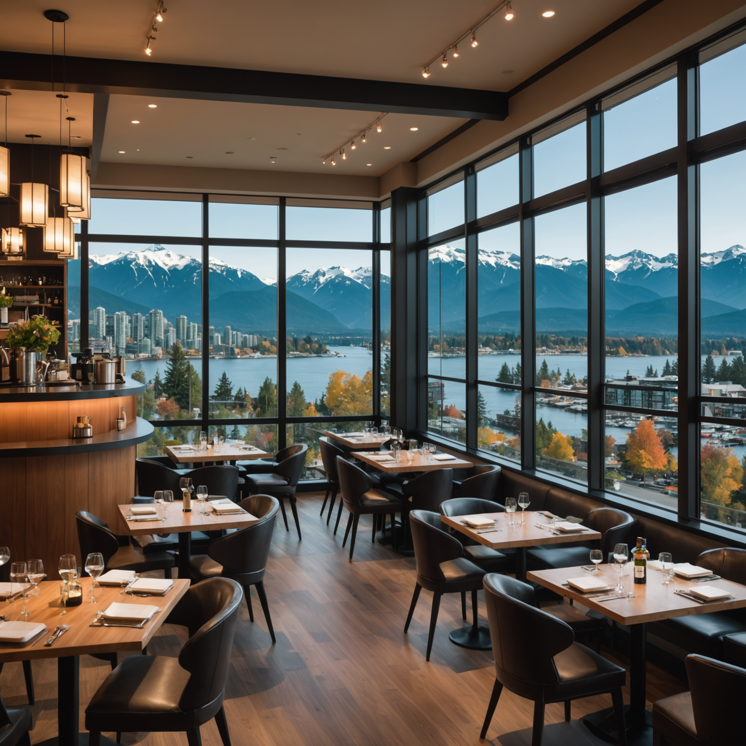 Salvatore's Vancouver location showcasing a modern building with floor-to-ceiling windows offering stunning views of the North Shore mountains, with the restaurant's warm interior lighting visible from outside