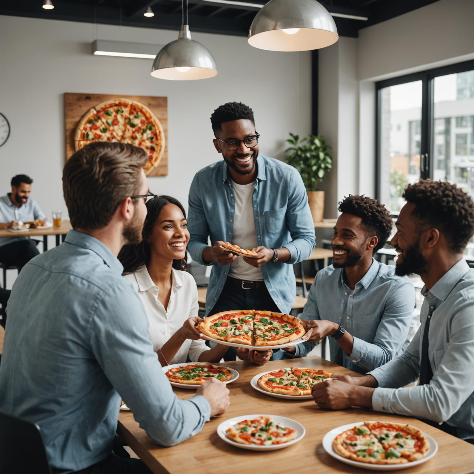 Diverse group of satisfied office employees gathered around table enjoying fresh Salvatore pizza delivery in bright modern workplace, smiling and engaged in conversation during lunch break